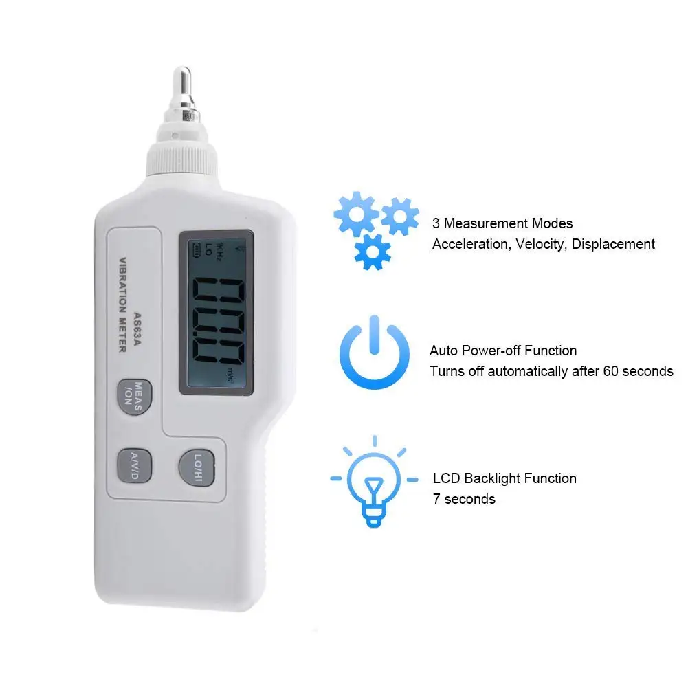 

AS63A New Digital Vibration Meter 0.1~199.9m/s LCD Electronic Vibration Frequency Analyzer Tester Handheld Vibrometer