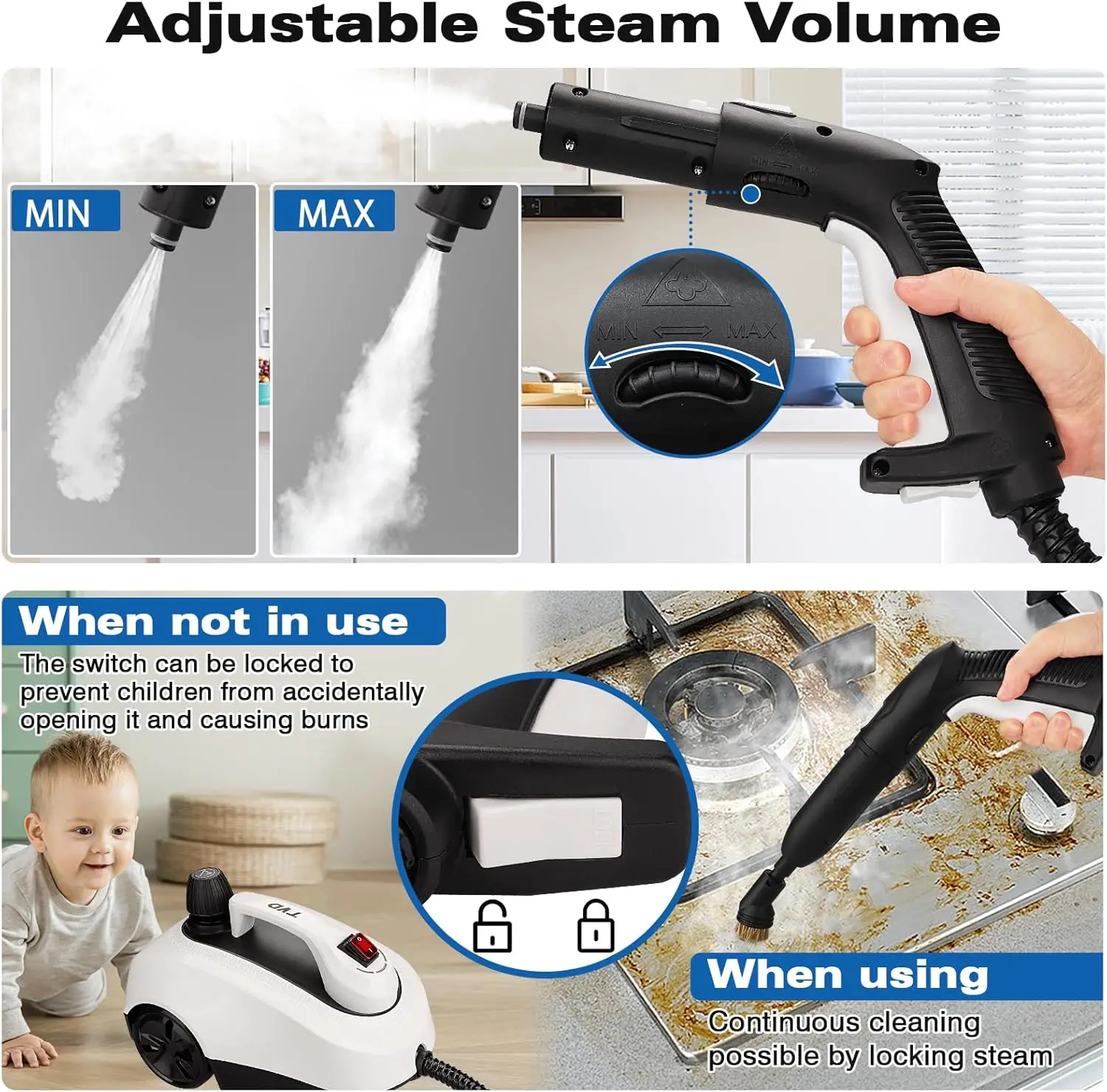 Heavy Duty Canister Steamer with 26 Accessories, Steam Mop with 5M Extra-Long Power Cord for Home Floor Cleaning, Grout, 2