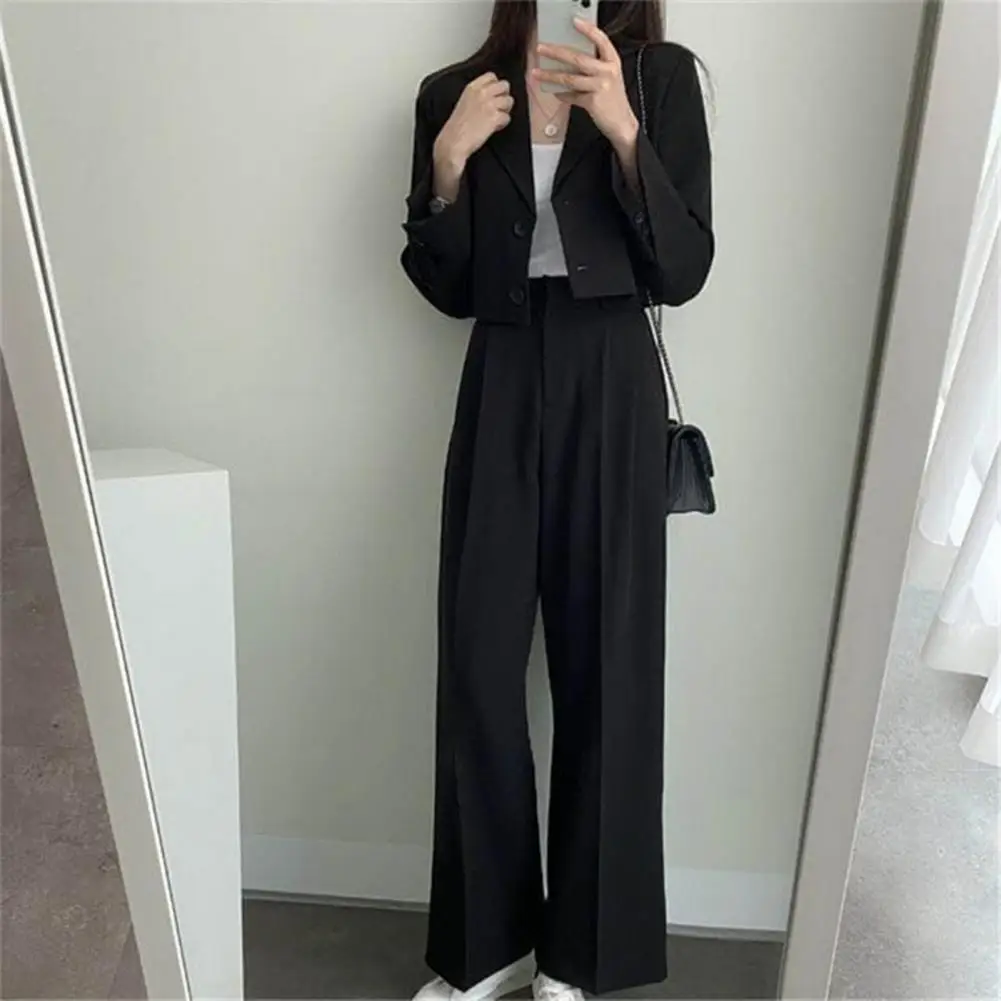 Solid Color Women Suit Stylish Women's Formal Commute Outfit Lapel Single-breasted Coat Pants Set with Long Sleeve Jacket High