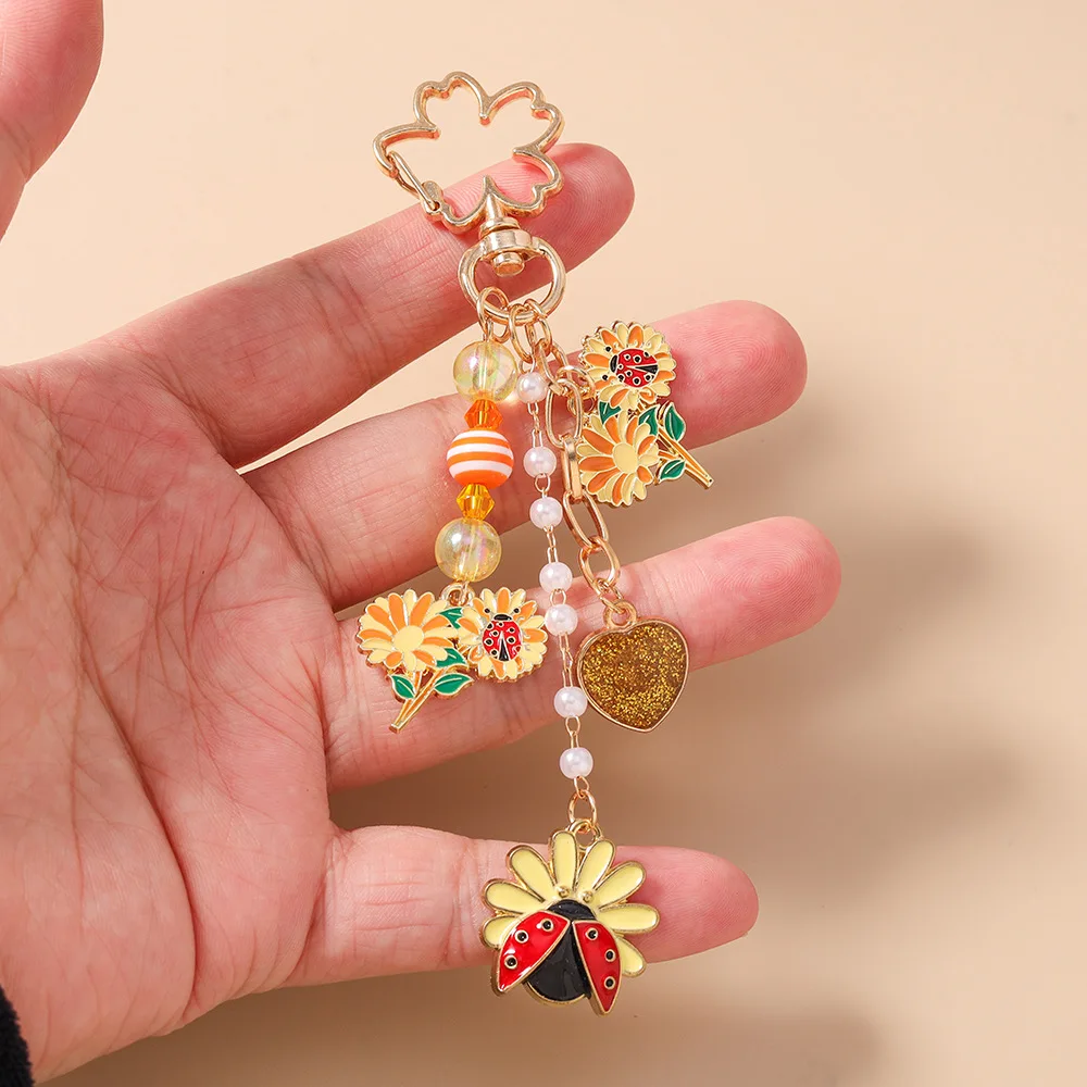 가든 발레 키체인 가벼운 꽃 나비 열쇠고리 무당벌레 에나멜 키체인 비즈 가방 참 장식 백팩용