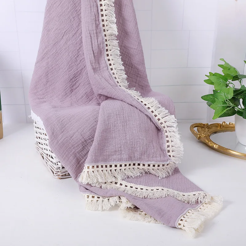 Cotton Muslin Swaddle Blankets for Newborn Baby Tassel