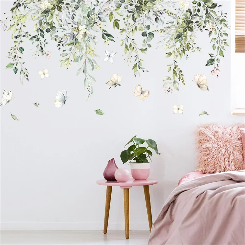 Green Leaf Butterfly Ivy Plant Wall Sticker Kids Room Nursery Art Mural Self-adhesive Bedroom Living Entrance Wall Decal Decor Wall Sticker