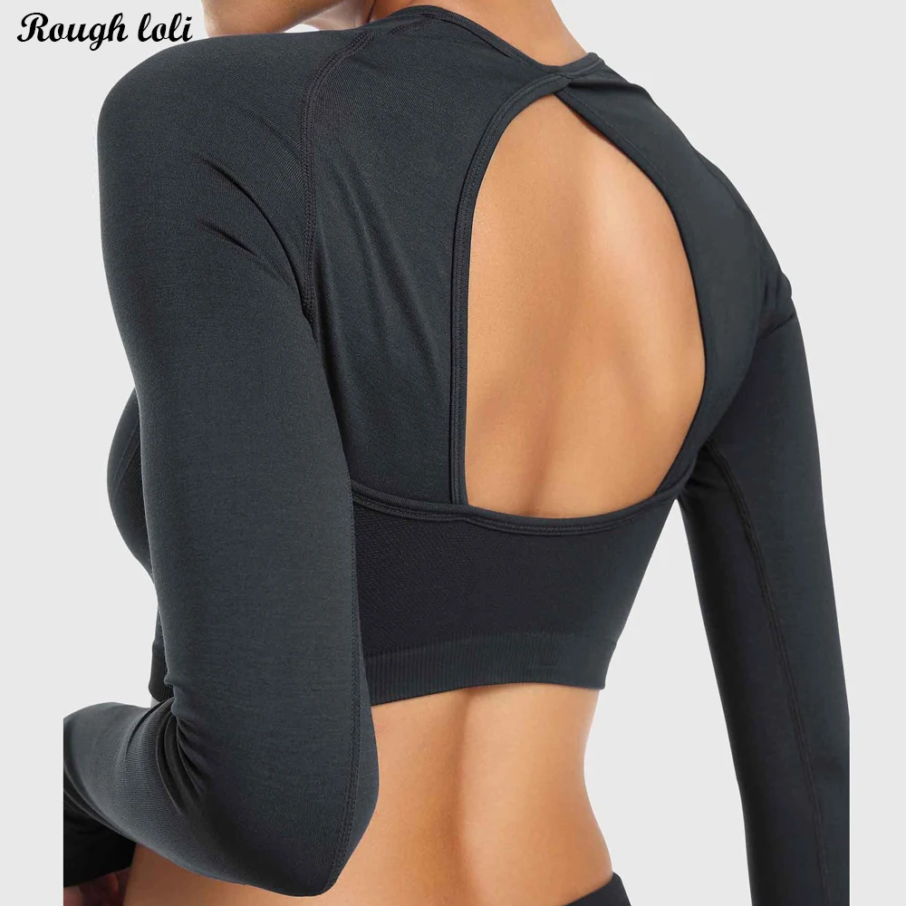 

New Open Back Yoga Crop Top Long Sleeve Yoga Shirts Workout Gym Top Open Back Sports Tee Long Sleeve