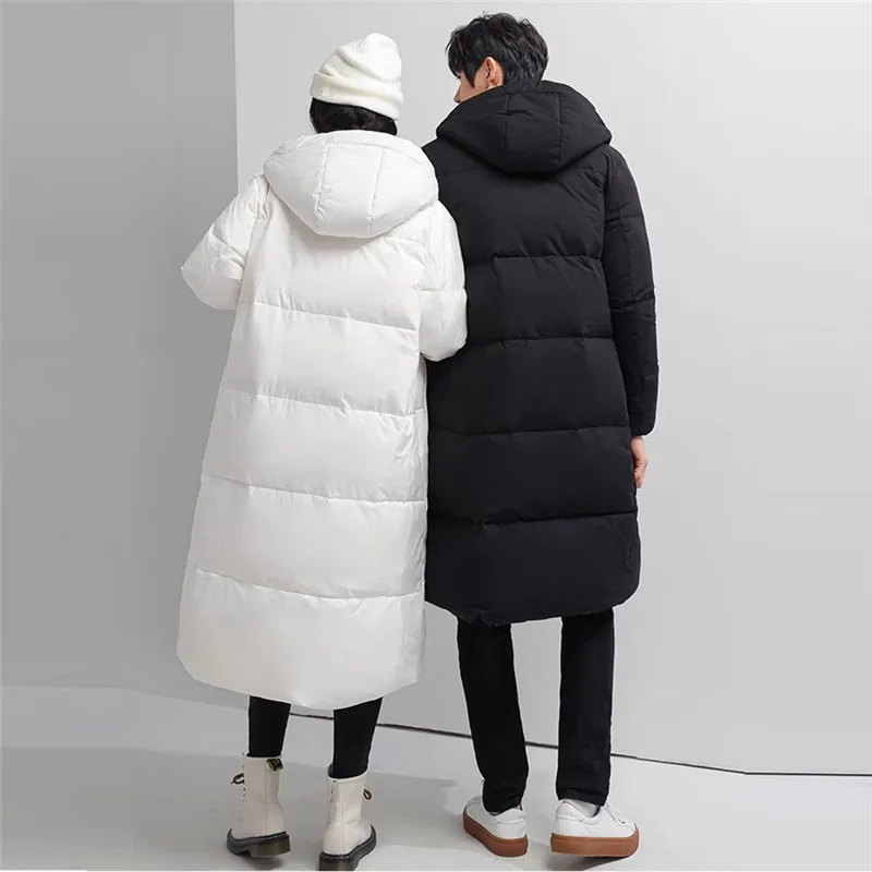 Winter Men's Fashion Hooded Down Jacket Long Casual Loose Warm Windproof Coat Men Solid White Duck Down Jackets Couple Outwear