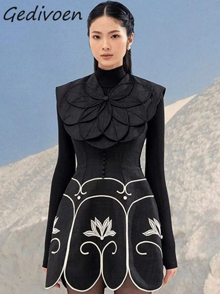 

Gedivoen Autumn Fashion Runway Black Vintage Hit Color Dress Women V Neck Appliques Embroidery Button High Waist Slim Mini Dress
