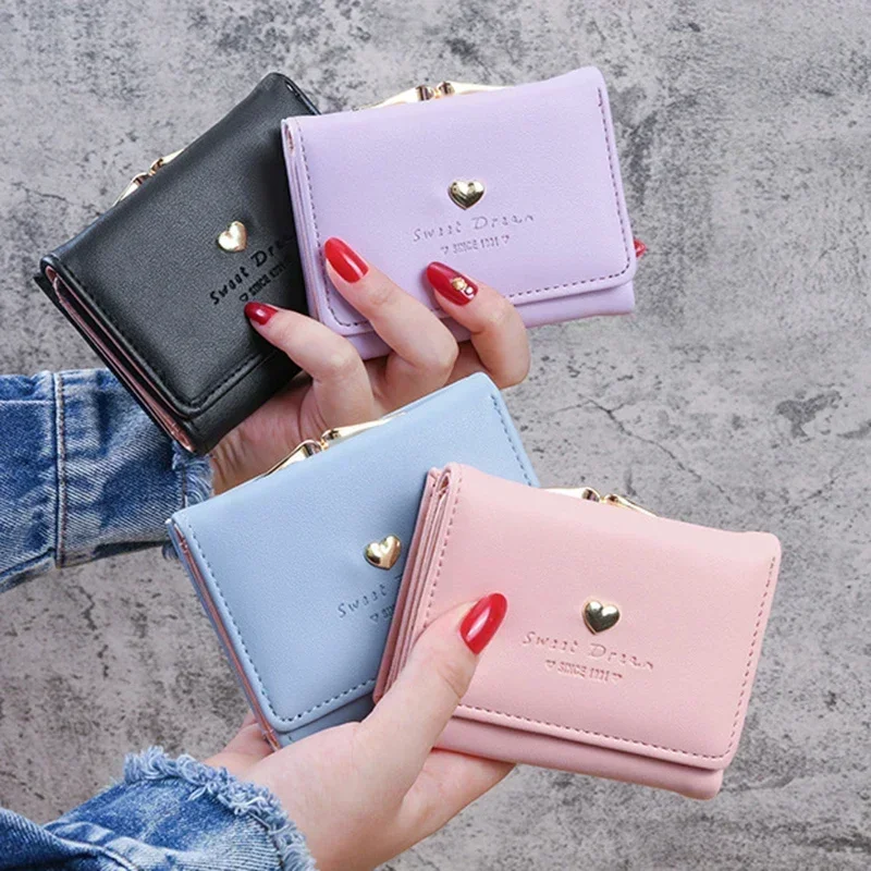 

New Candy Color Purse Women Coin Purse Leather Solid Color Vintage Short Wallet Heart Hasp Ladies Girls Card Holder Clutch Bag