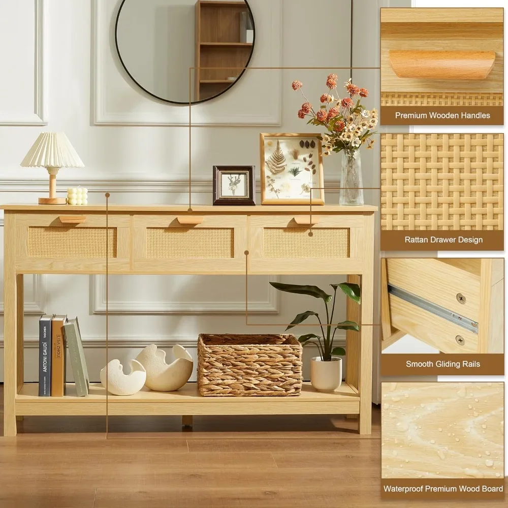 Rattan Console Table, Boho Entryway Table with Storage, Narrow Long Sofa Table with Open Shelf 2