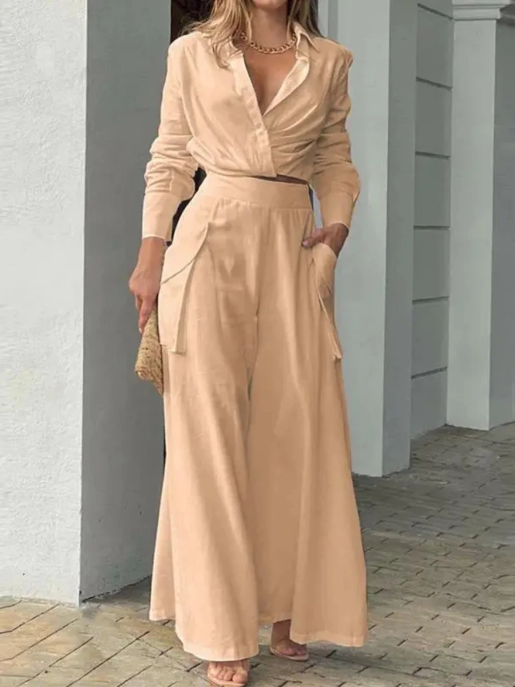 Solid Color Long Sleeve Top Loose 2023 Autumn Winter 2pcs Women's Clothing Ins Pockets Wide Leg Pants Suit