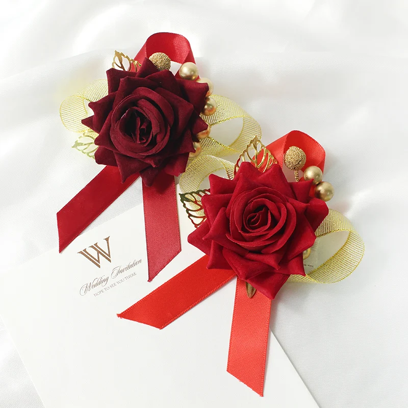 Elegant Red Rose Wrist Corsage Floral Accessory for Weddings and Special Events