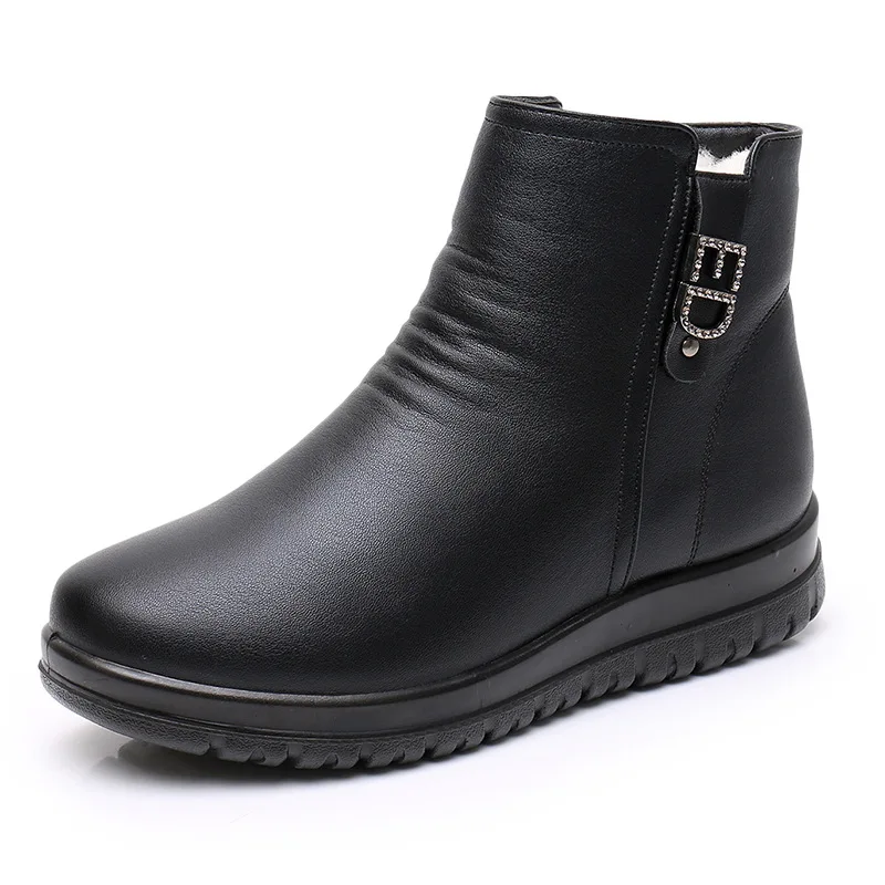 Winter Women Genuine Leather Plush Keep Warm Shoes Female Waterproof Casual Flat Snow Boots Grandma Short Boots Big Size 35-41