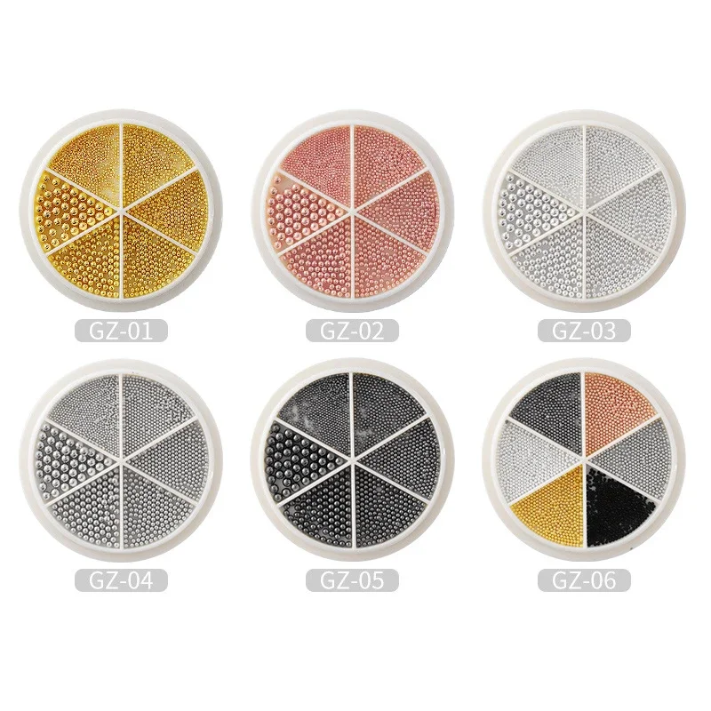 6칸 네일 아트 미니 스틸 캐비어 비즈 0.8-1.5mm 혼합 사이즈 3D 디자인 로즈 골드 실버 쥬얼리 매니큐어 DIY 장식