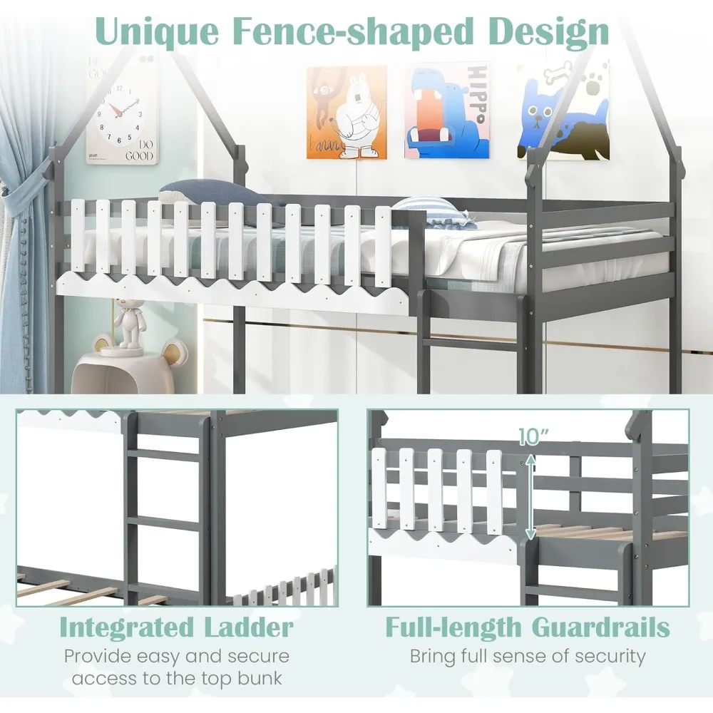 Children Beds, Bunk Bed Twin Over Twin, Wood House Low Bunk Bed with Ladder & Fence Safety Guardrail, Space-Saving 5