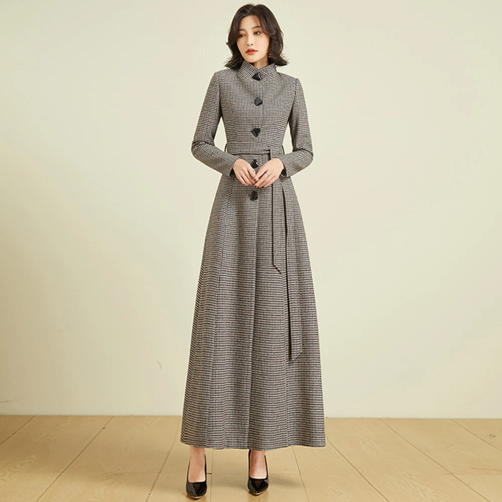 

New Women Overlength Plaid Woolen Coat Autumn Winter Vintage Stand Collar Belt Slim Long Houndstooth Wool Blends Overcoat