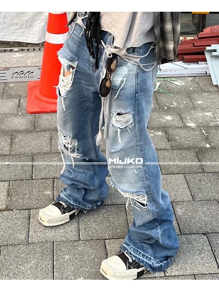 MIJKO Tassel Jeans Men's and Women's Big Hole Pants Wide Leg Cat Beard Blue Jean Fashion 2025ss 6