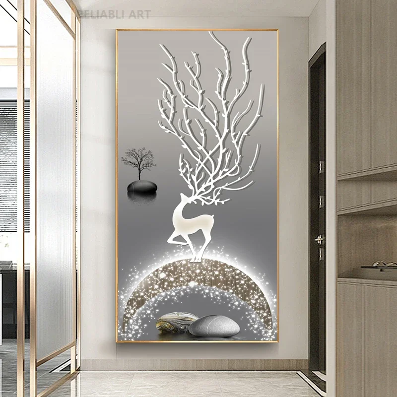 thumbnail image 1 of Nuevos carteles e impresiones de lienzo de ciervo dorado de Fengshui chino abstracto de piedra zen, arte de pared de lujo moderno para decoración de porche, 1 of 5