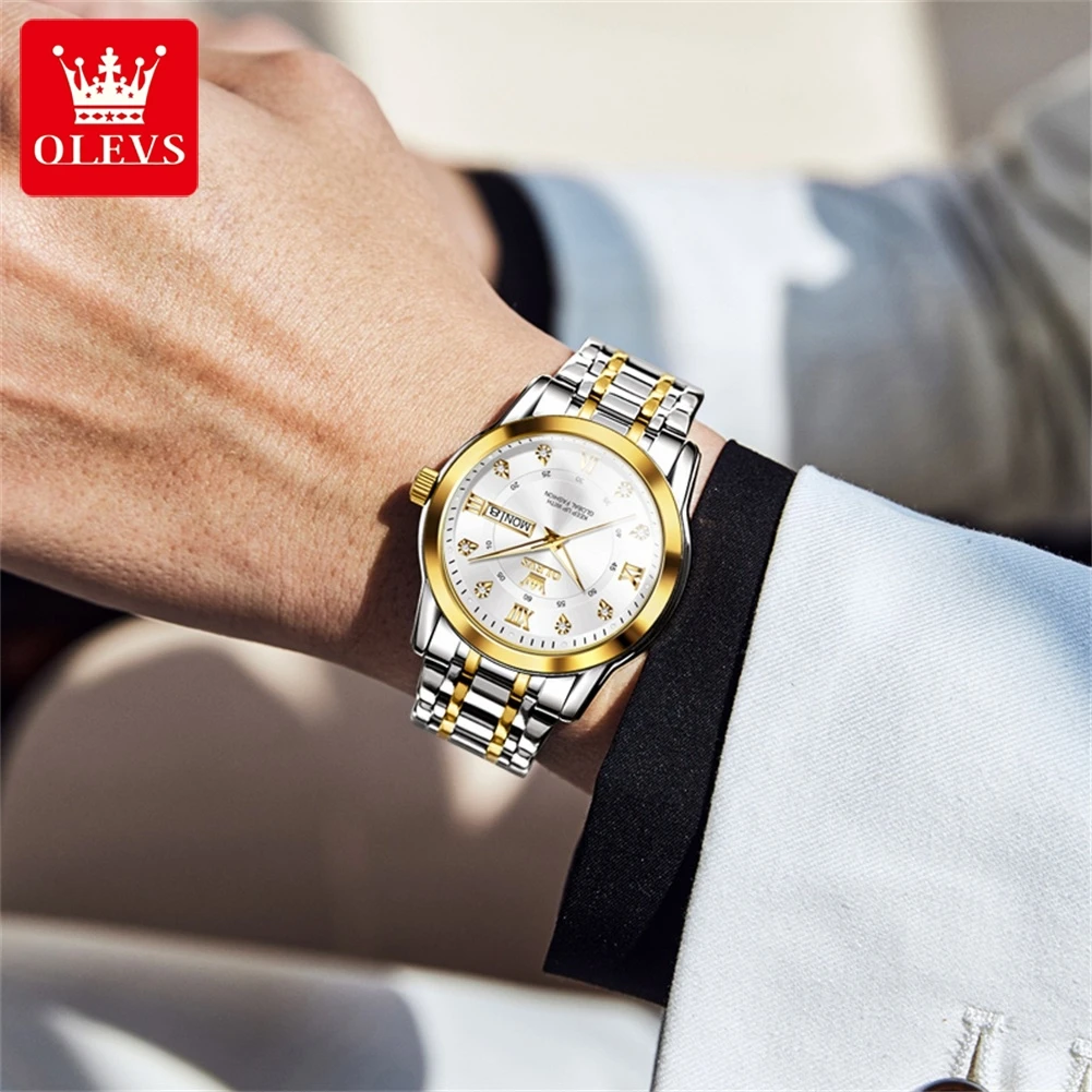 OLEVS Quartz Watches for Men Watch Luxury Diamond Dial Men's Luminous Waterproof Stainless Steel Dual Calendar Wristwatch Reloj