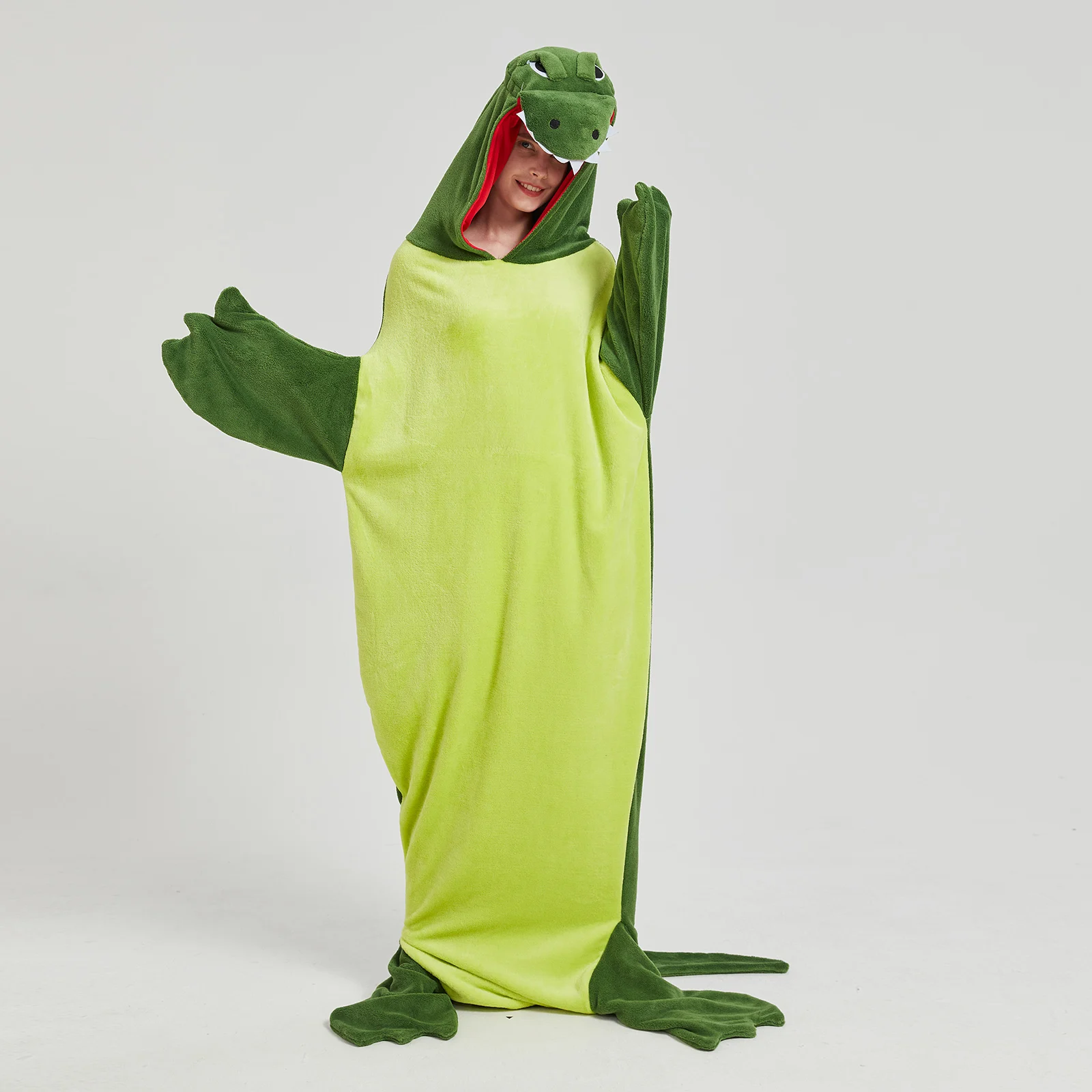 Adult Plush Romper Pajamas Cute Crocodile Sleepwear Long Sleeve Hood Jumpsuit for Women
