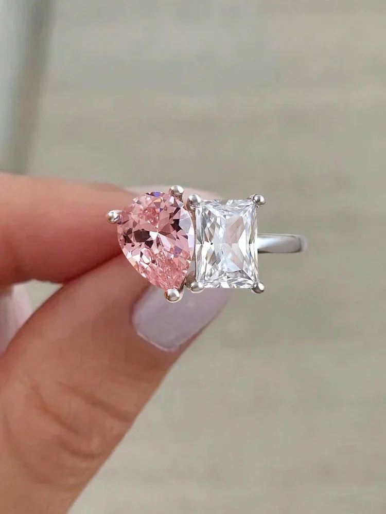 Ring aus 925er-Sterlingsilber, Wassertropfen, quadratisch, funkelnder Zirkon, für Damen, Verlobung, Hochzeit, Luxus-Mode, hochwertiger edler Schmuck – Detail 5