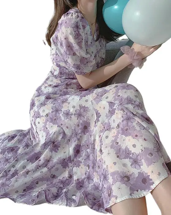 

2023 Women's Clothing New summer even v-neck floral packaged lace-up dress 0729