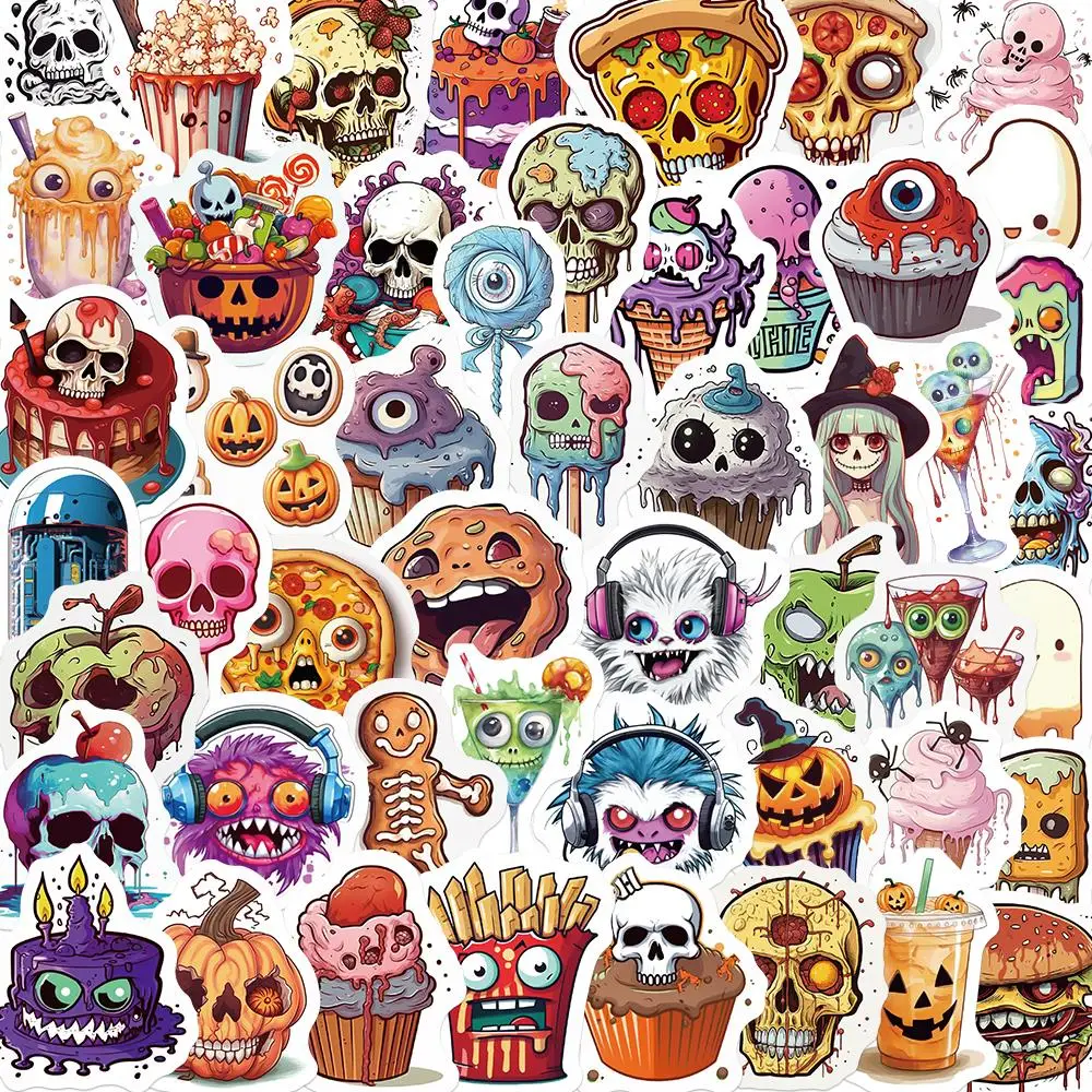 

50PCS Halloween Horror Colorful Food Graffiti Sticker Waterproof PVC Art DIY Luggage Refrigerator Stationery Guitar Phone