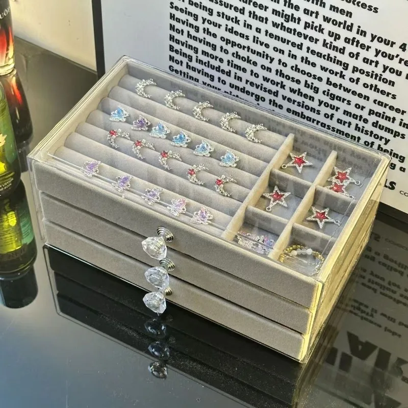 Home Desktop Three-Drawer Acrylic Velvet Jewelry Organizer, Suitable for Earrings, Necklaces, and Bracelets