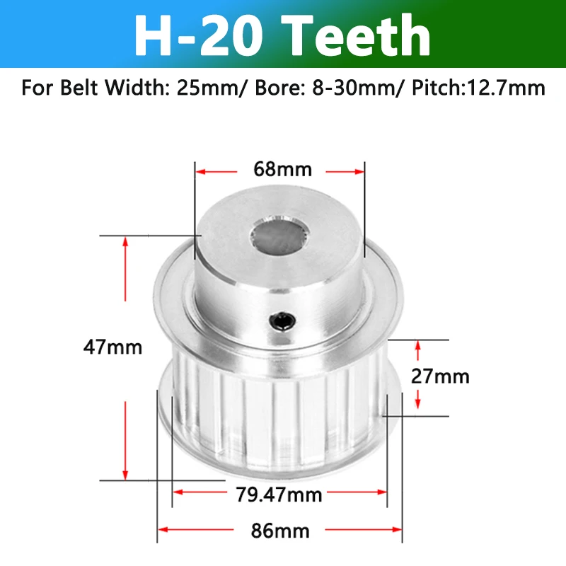 

1pc 20 Teeth H Timing Pulley 20T Aluminum Synchronous Wheel Bore 8 10 12 14 15 16 17 18-30mm for Belt Width 25mm Pitch 12.7mm BF