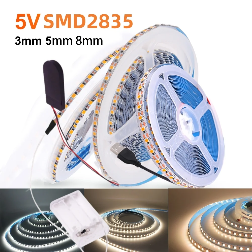 

Battery Power SMD 2835 LED Strip Light 3MM 5MM 8MM 5V USB Flexible Diode Tape Rope Cabinet TV Backlight 3000K 4000K 6000K White