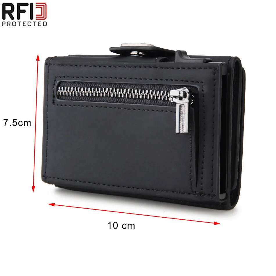 남성용  가죽 RFID 차단 자동 팝업 카드 홀더 지갑 (동전 포켓 포함) 미니 알루미늄 합금 여성용 지갑