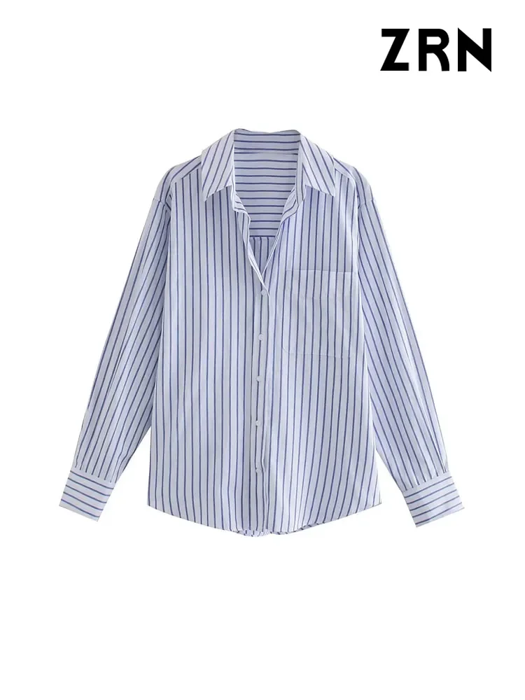 ZRN-Striped Loose Shirts With Pocket for Women, Long Sleeve, Button-up Blouses, Chic Tops, Female Fashion