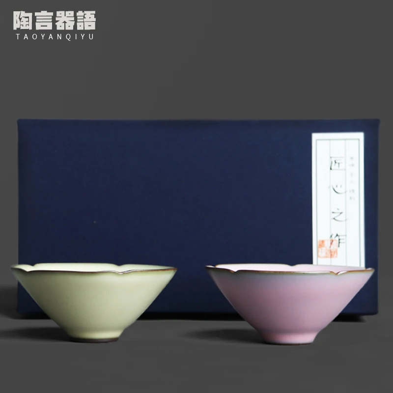 

Ru kiln cicada wings open petal shape couple tea cup small drinking tea single cup with gift box