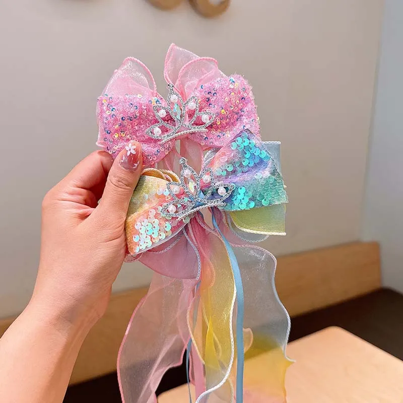 어린이 얼음과 눈 공주 활 반짝 이는 리본 머리핀 어린 소녀 크라운 보석 탑 클립 땋은 요정 머리핀