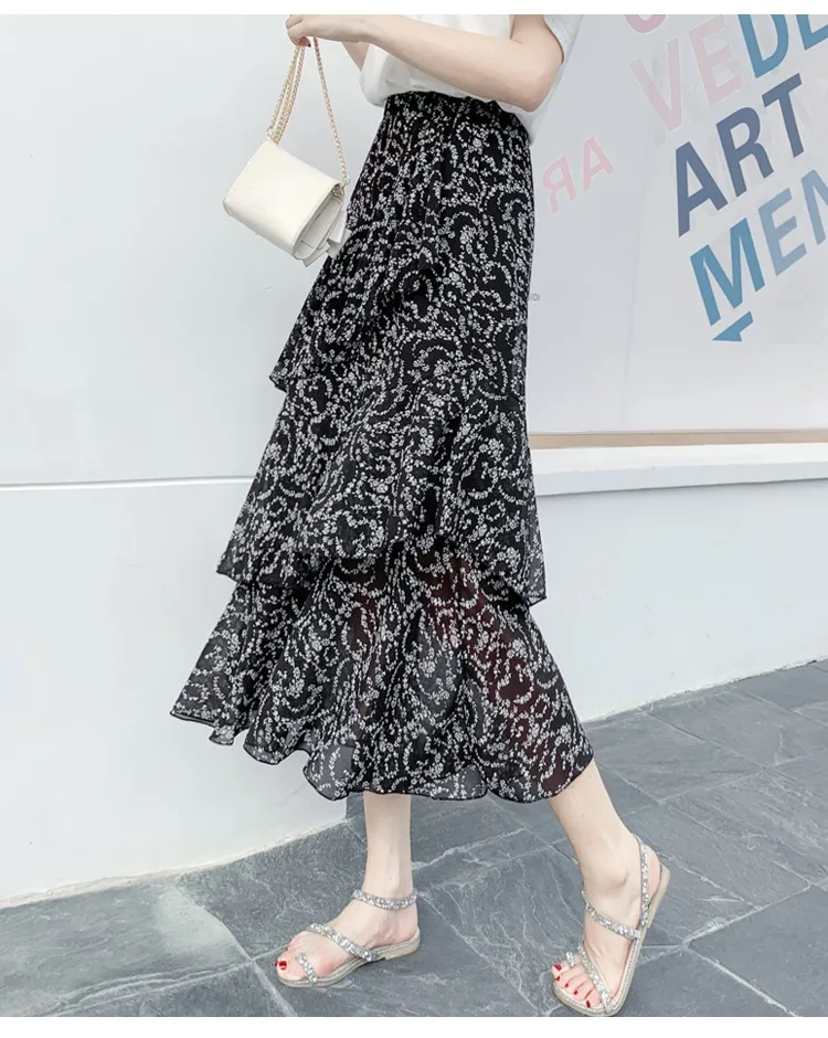 Summer Skirts Womens 2022 New Polka Dots Floral Print Chiffon Pleated Skirt Irregular Cake Skirt Casual Midi Skirt Women Clothes hoop skirt