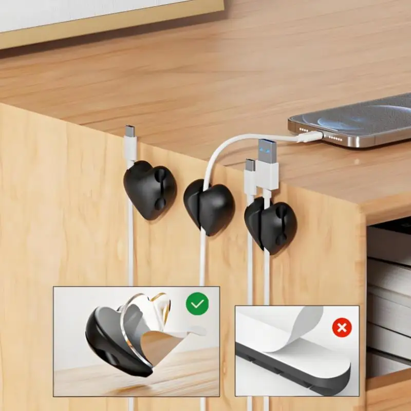 자기 접착식 실리콘 하트 모양 케이블 정리기 4개 USB 충전 데스크 클립 홀더 가정 사무실 와이어 홀더 클립