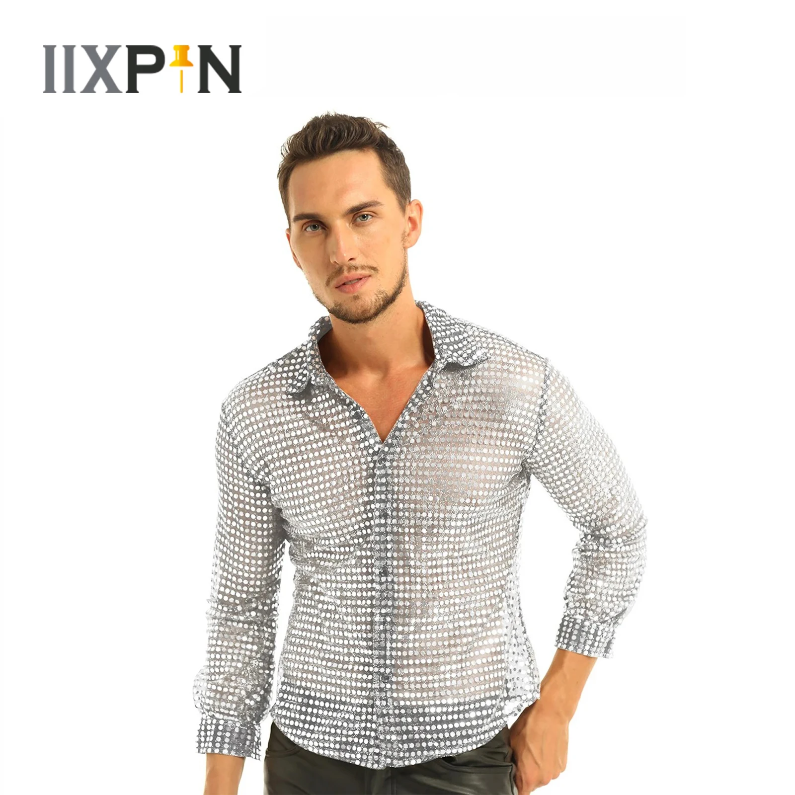 Mens Shiny Sequins Shirt Prom Tops Fashion See Through Mesh Long Sleeve Slim Fit Clubwear Disco Dance Performance Top Shirt