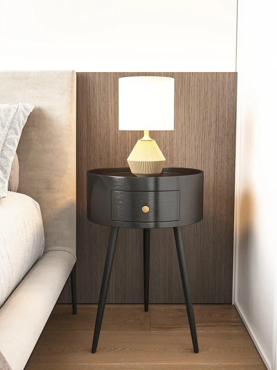 Nordic Style Wooden Nightstand, Bedside Table with Simple Drawer, Small Round Coffee Table for Bedroom, Corner Table, End