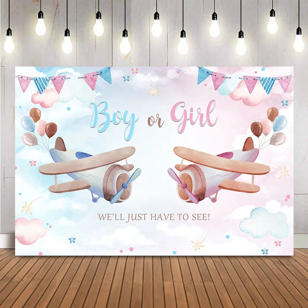 Aereo Gender Reveal Fondale Ragazzo O Ragazza Gender Reveal Party Background Pink Blue Airplane Clouds Baby Shower Theme Decor