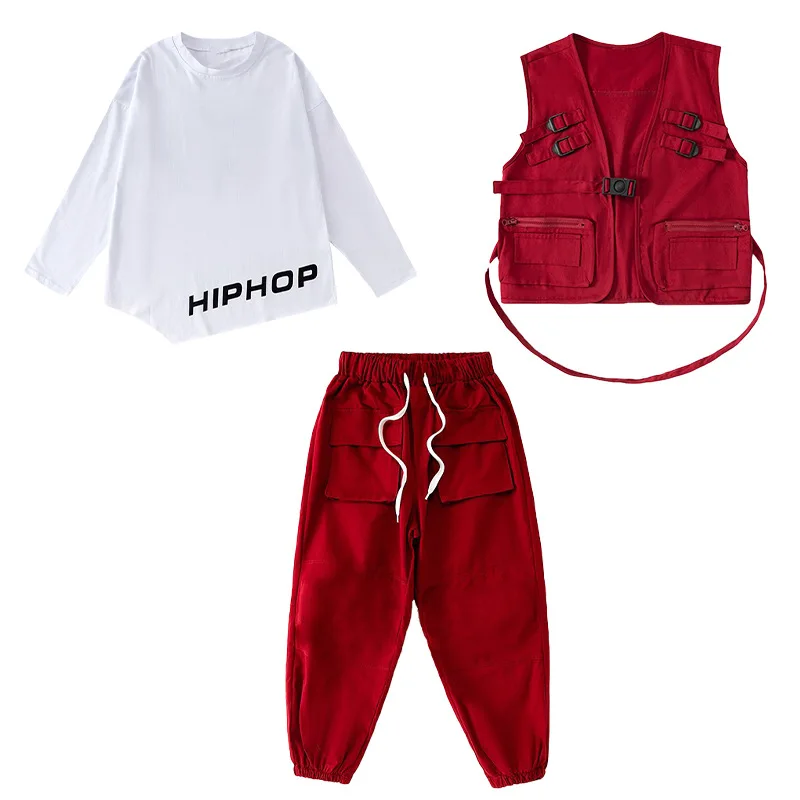 Red Series Hip Hop Dance Costume For Kids Jazz Performance Girls Kpop Boys Street Dance Drum Stage Wear