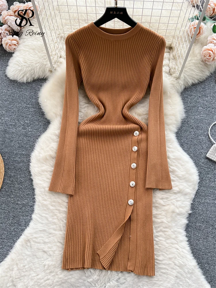 

BabYoung 2023 Winter Knit Split Female O Neck Long Sleeves Solid Buttons Design Senior Slim Korean Style Streetwear Dress