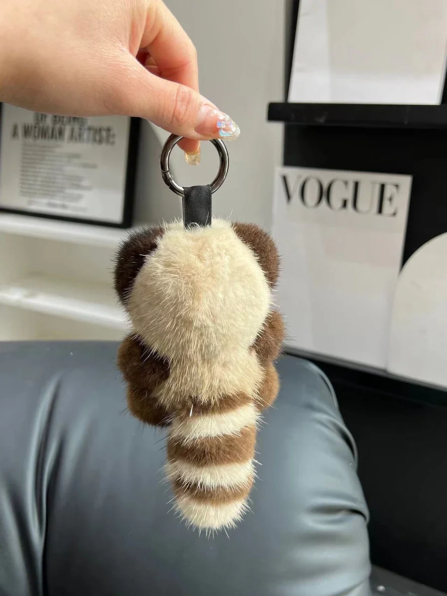 Cute Raccoon Real Mink Fur Keychain Plush Toy Trinkets Women Bag Hanging Ornaments Car Key Metal Ring Pendant Kids Classic Gift