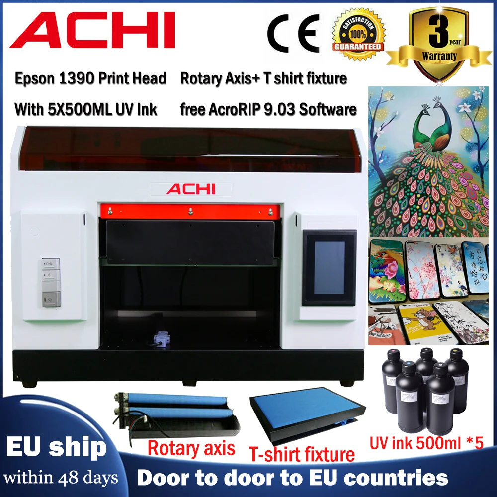 ACHI A3 UV Printer R1390 UV Printer Cylindrical Glass Metal 3D Embossed Printed+5x500ml UV ink EU Warehouse US STOCK RU DDP