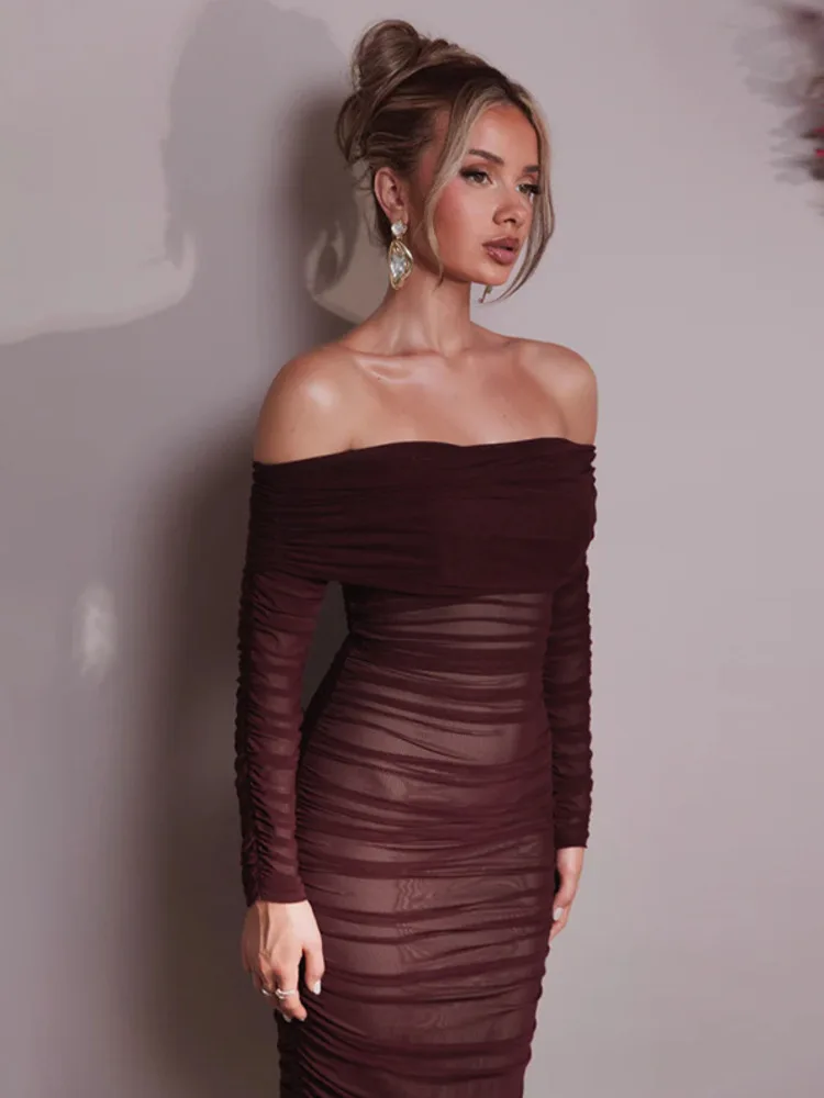 Off-shoulder Long Sleeve Sexy Maxi Dress For Women Autumn New Strapless Backless Bodycon Ruched Party Long Dress