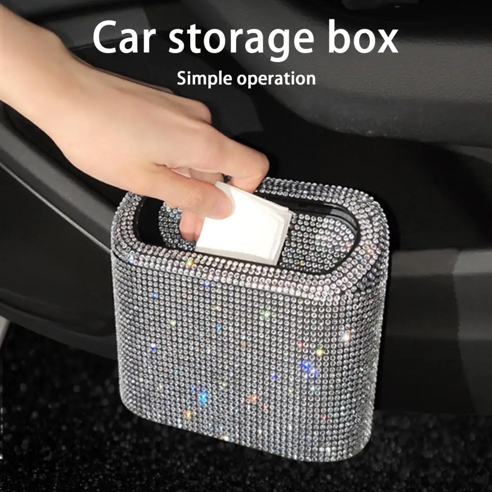 Car Storage Bag Car Trash Can Glitter Trash Can Auto Supplies Storage Box Garbage Grabber Bling Rhinestone Interior Accessories Square Pressing Car Trash Bin