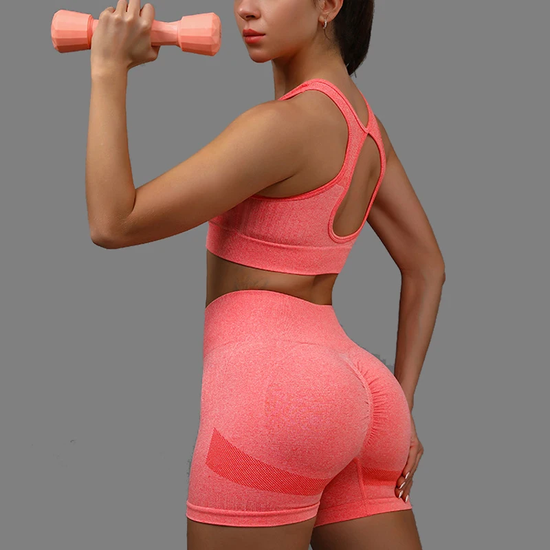 Conjunto de Yoga de 2 piezas para mujer, Sujetador deportivo con espalda hueca y pantalones cortos deportivos para levantamiento de cadera, conjunto de entrenamiento sin costuras para Fitness y gimnasio - Image 4