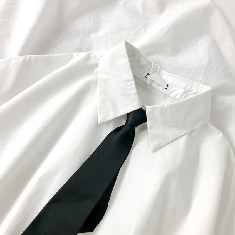 E-BAIHU 2025 화이트 셔츠 여성 블라우스 반팔 라펠 블라우스 타이 포함 일본 패션 학생 여름 데일리 대학 스타일 탑