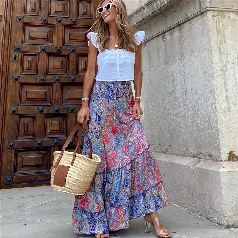 Long Skirt Women Summer Print 2023 Casual Bohemian Beach Style Clothing
