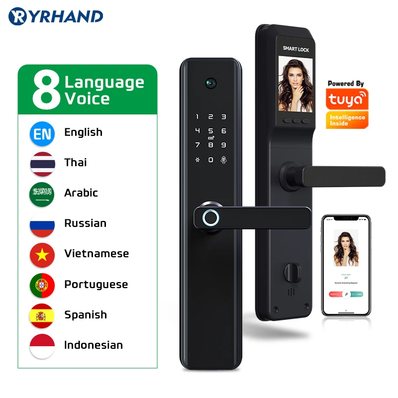 

Camera cerradura intelige Waterproof Tuya Fingerprint Security Intelligent Smart WiFi APP 8 language Electronic Door Lock