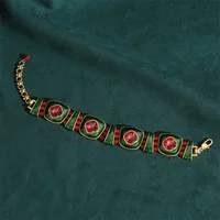 Vintage Green Enamel & Pink Crystal Charm Bracelet for Women - Image 3