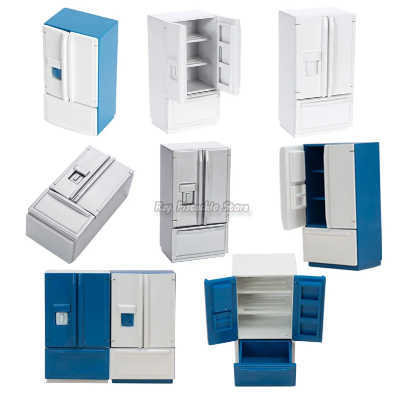 

1:12 для кукольного дома в стиле ретро, деревянный, синий, белый, серый, двойной дверь холодильника морозильника, для кукольной мебели