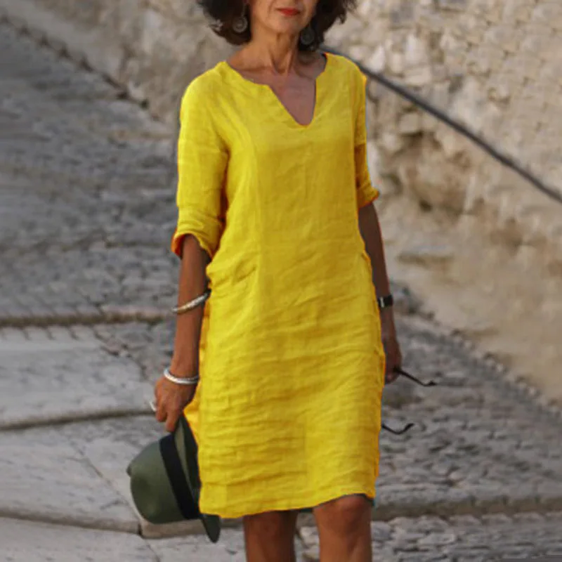 Vintage Solid Mini Dress Women Fashion Summer V-neck Three Quater Sleeve Cotton Linen Party Dresses Ladies Casual Femme Vestidos 2