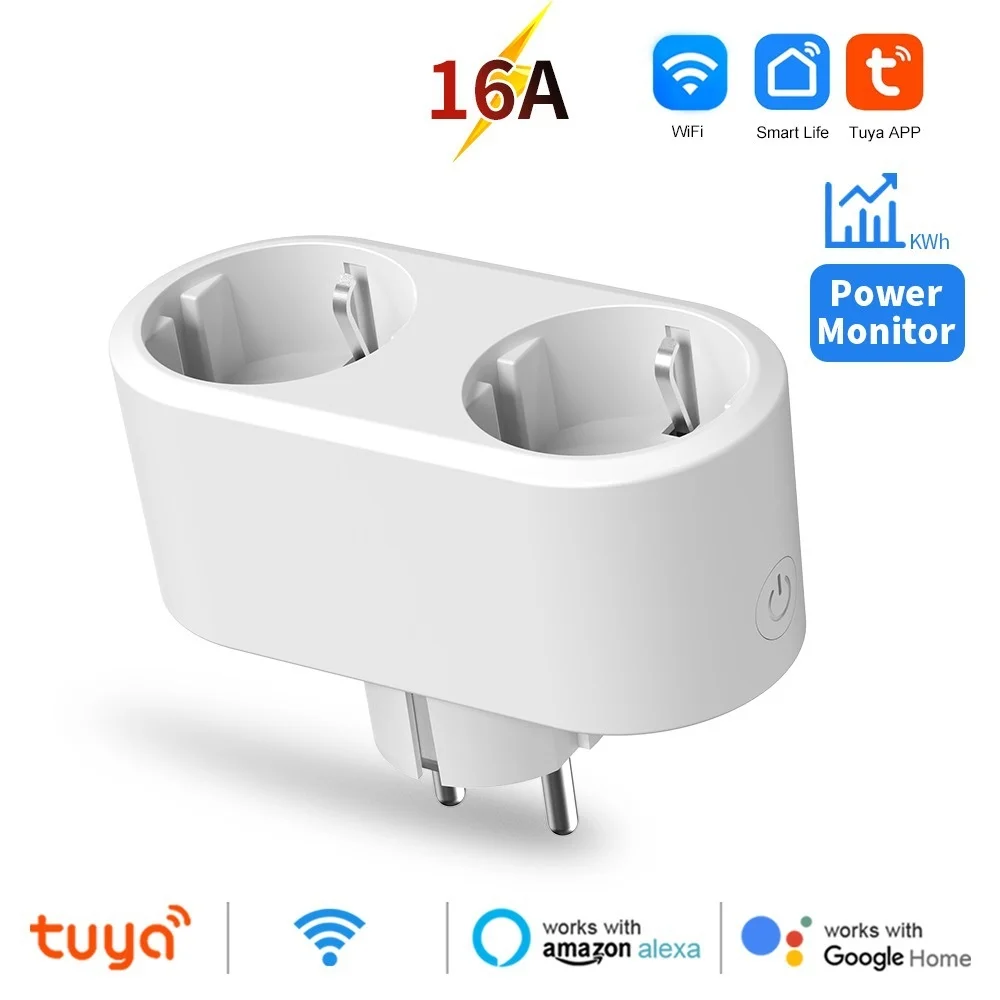 Tuya WiFi 듀얼 콘센트 16A APP 스마트 플러그 2 in 1 소켓 EU, 에너지 계량 타이머 기능 포함 Alexa Google 제어와 함께 작동